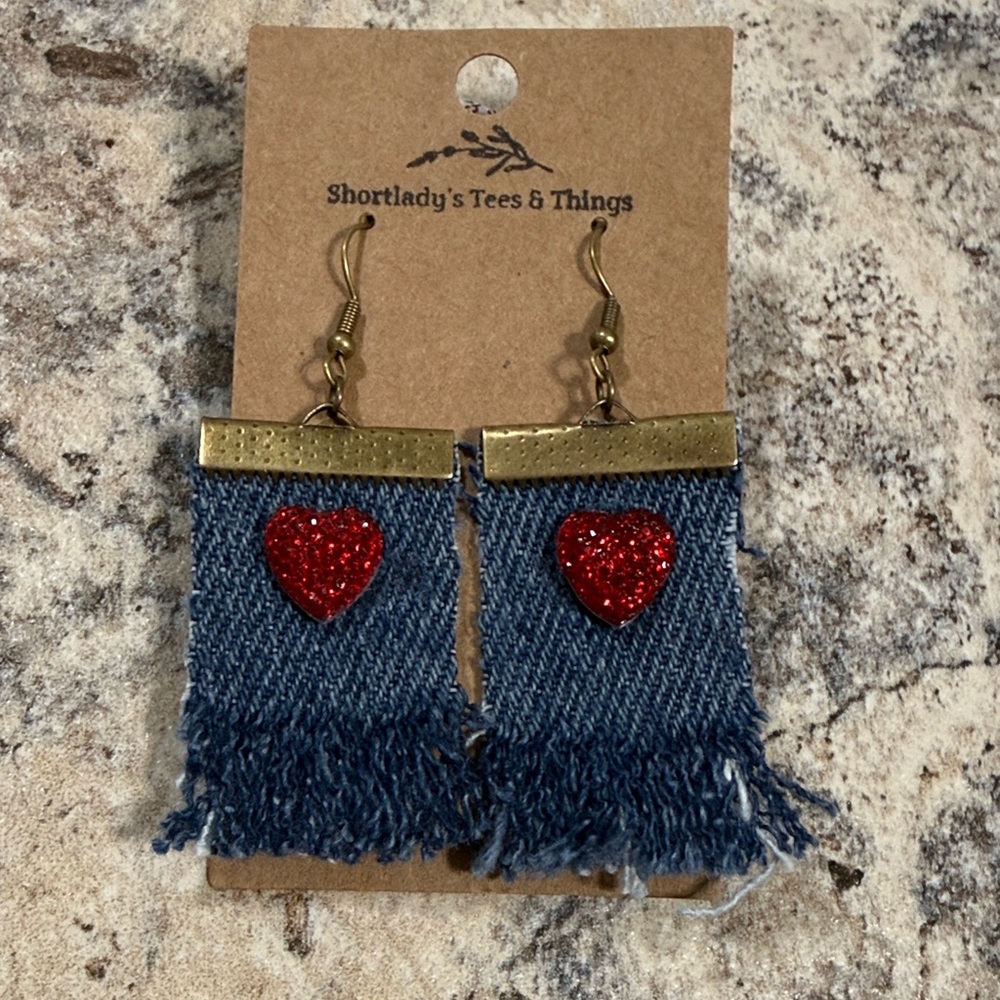 Denim Fringe and Red Heart Earrings